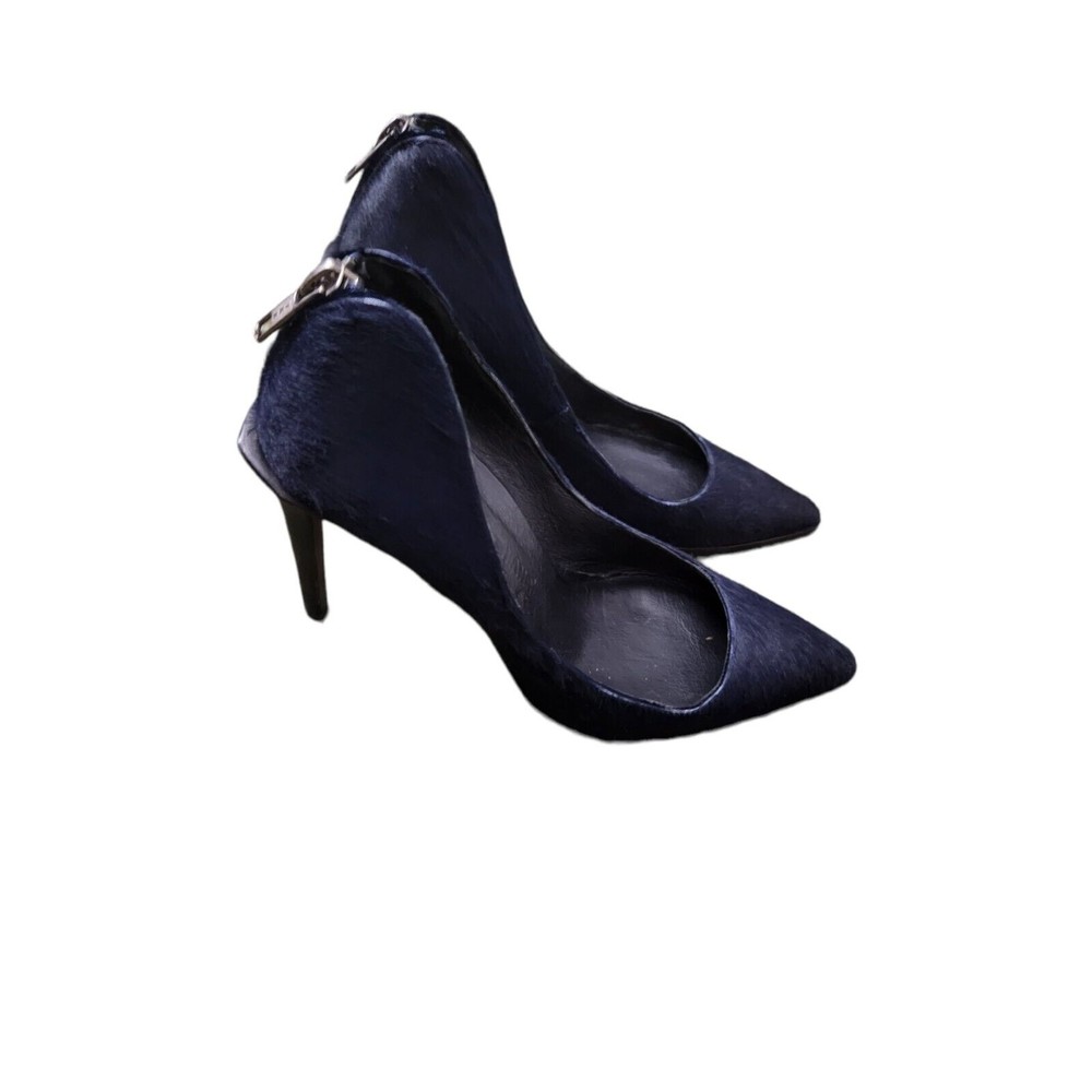 HELMUT LANG Navy Blue Leather Pony Hair Stiletto Heels Sz 36 US 6 Heel 4"
